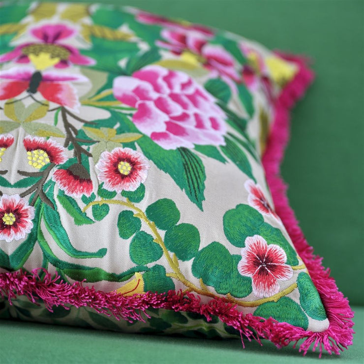 Designers Guild Ikebana Damask Fuchsia Embroidered Cotton Cushion