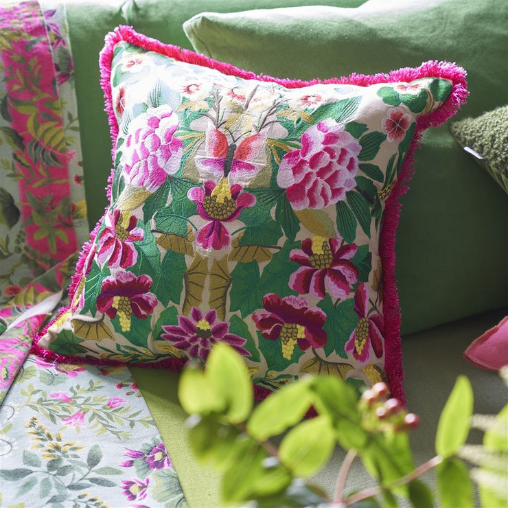 Designers Guild Ikebana Damask Fuchsia Embroidered Cotton Cushion