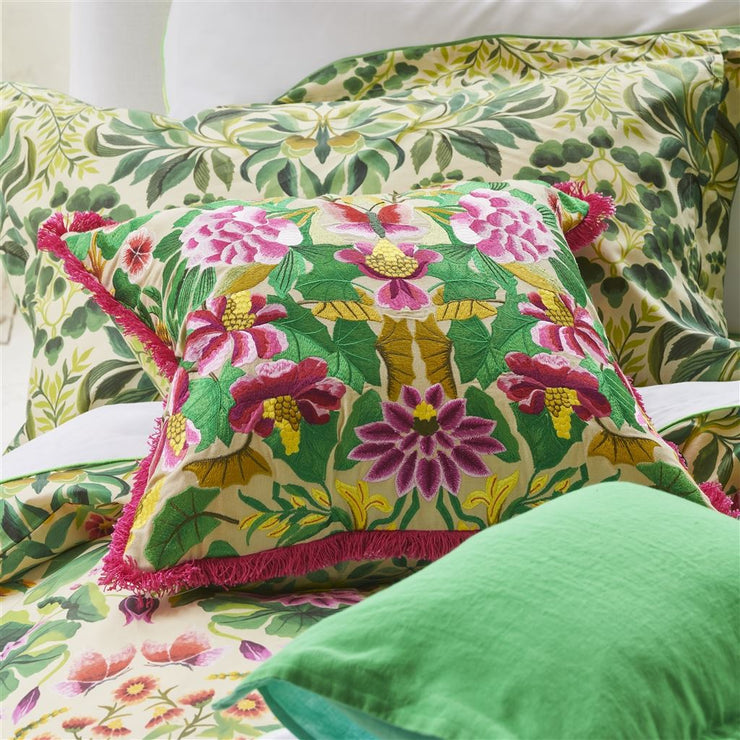 Designers Guild Ikebana Damask Fuchsia Embroidered Cotton Cushion
