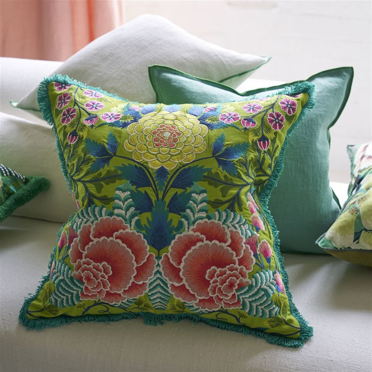 Designers Guild Brocart Decoratif Embroidered Lime Cotton Cushion