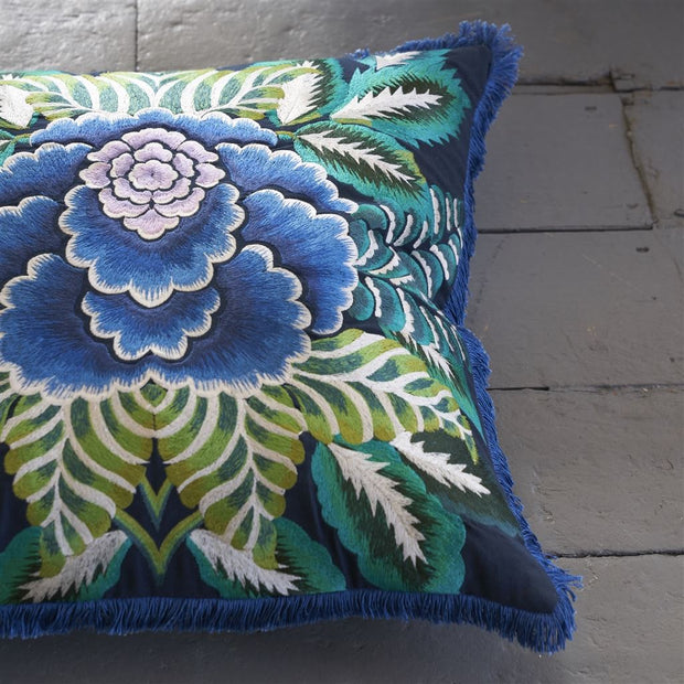Designers Guild Rose De Damas Embroidered Indigo Cotton Cushion