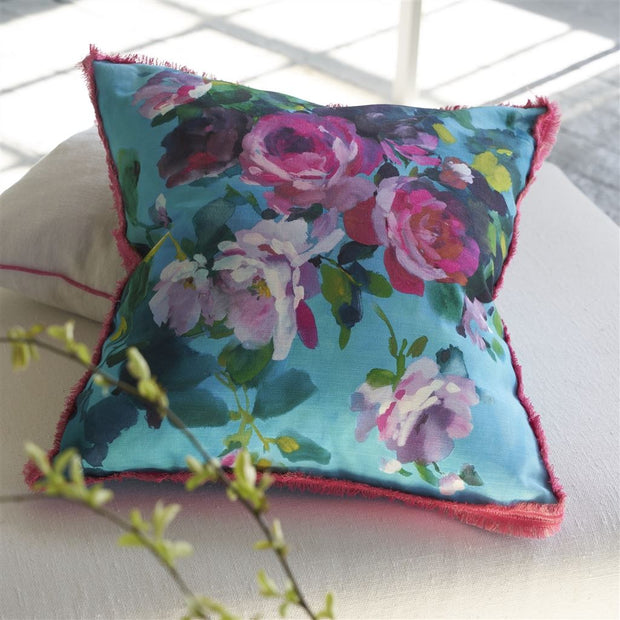 Designers Guild Bouquet De Roses Turquoise Cotton Cushion