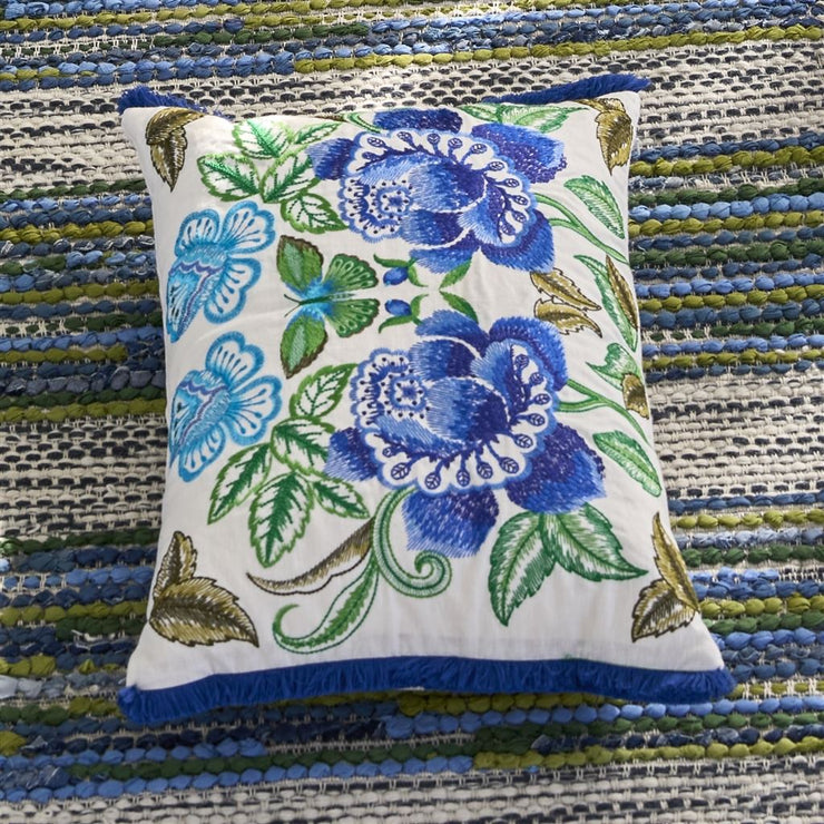 Designers Guild Isabella Embroidered Cobalt Linen Cushion